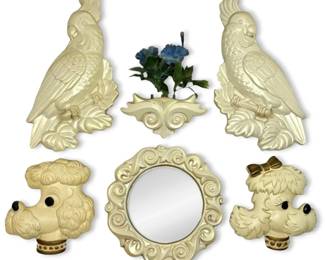 1970s Miller Studios Chalkware Parrots, Poodle Heads, Decorative Wall Plaques