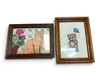 Two CrossStitch Cat Bear Framed Pictures