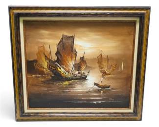 Vintage Oil Painting of Chinese Ships at Sunset Signed P. Wong 26 x 30