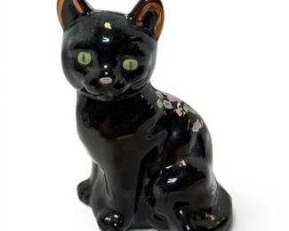 Fenton HandPainted Black Glass Cat Figurine