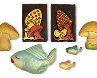 1970s Miller Studios Mushroom Fish Chalkware Wall Plaques