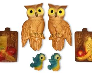 1970s Miller Studios Owls, Bluebirds, Harvest Chalkware Wall Plaques