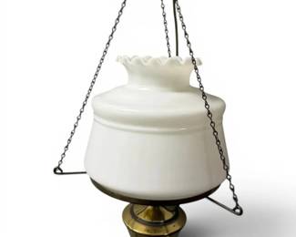 Brass Hanging Lamp w Milk Glass Shade