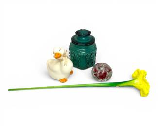 Ceramic Duck, L.E. Smith Glass Canister, Paperweight, Flower