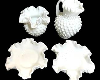 Fenton Ruffled Hobnail Milk Glass Bowls, Vase, Pitcher