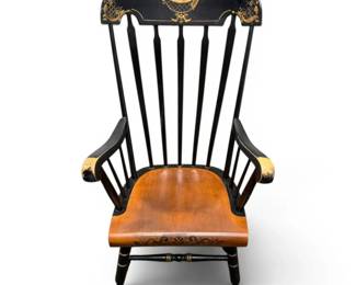 L. Hitchcock Black Wooden Rocking Chair w Gold Floral Detailing