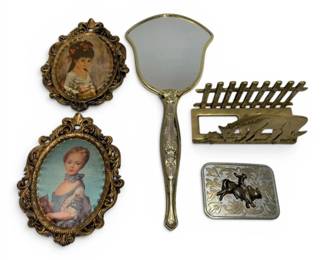 Vintage Mirror, Brass Napkin Holder, Belt Buckle, More