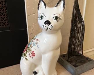 Vintage HandPainted Ceramic Cat Figurine with Floral Decals Made in Italy
