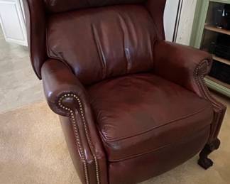 Brown Leather Wingback Recliner with Nailhead Trim and Claw Feet