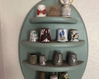 Collection of Assorted Thimbles and Vintage Display Shelves