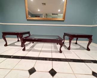 Mahogany coffee table and two end tables with glass top