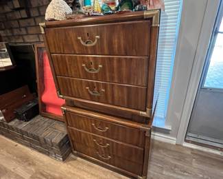 These are fantastic… 1980s Vintage Boho Drexel Campaign Nightstands - a Pair!  with triple drawers… Look these up on some of the fancy-smancy  websites like dibs or chairish!