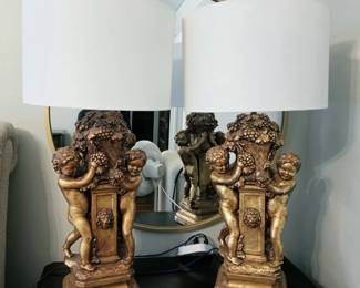 Gold putti cherub lamps in molded plaster (chalkware ) piece produced 1973 by Continental Studios in Chicago by known Rococo artist 'Boni'