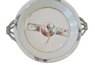 1930s Fraunfelter Royal Rochester Golden Pheasant Pie Plate in Ornate Silver Plate Stand
