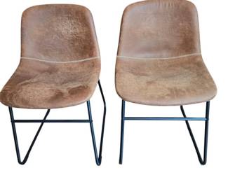 2 Mid Century Modern Faux Leather Dining Chairs with Decorative Stitching Whiskey Brown