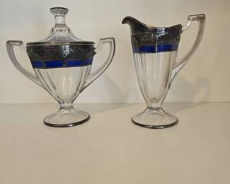 Vintage Art Deco Creamer and Sugar Dish Featuring Cobalt Blue Glass Accented with Silver Plating