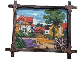 Vintage Framed Needlepoint Village with Waterwheel
