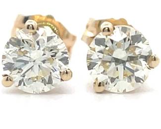 1.01 Carat Diamond Round Solitaire Stud Three-Prong Martini Earrings in 14k Yellow Gold