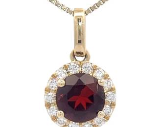 0.77 Carat Natural Garnet & Diamond Round Halo Pendant in 14k Yellow Gold