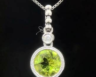 0.83 Carat Natural Peridot & Diamond Two-Stone Pendant in 14k White Gold
