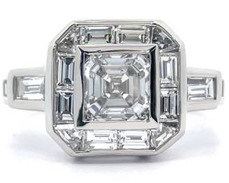 New! 2.40 Carat Natural Diamond Step-Cut Halo Ring in Platinum - GIA Report Center Stone (F / SI1 1.20 Carat) in Platinum