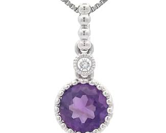 0.48 Carat Natural Amethyst & Diamond Bezel Two-Stone Pendant in 14k White Gold