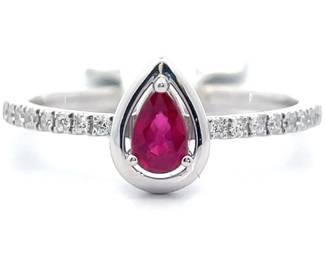 0.39 Carat Natural Ruby & Pavé Diamond Bezel Ring in 14k White Gold