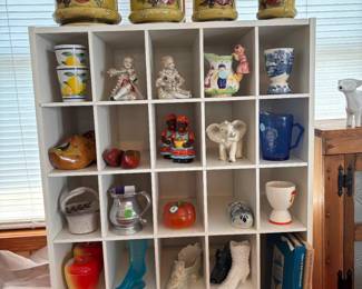 ANTIQUE SHOE COLLECTION, VINTAGE CANNISTER SET, ELEPHANT, COVERED APPLE AND TOMATOE, MILK GLASS INTERIOR