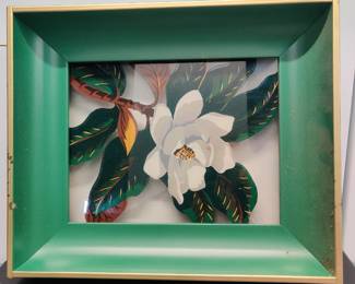 vintage Formed Products Co. lighted shadow box from the 1940s-60s, reverse hand-painted magnolia flowers on glass W/BOX!