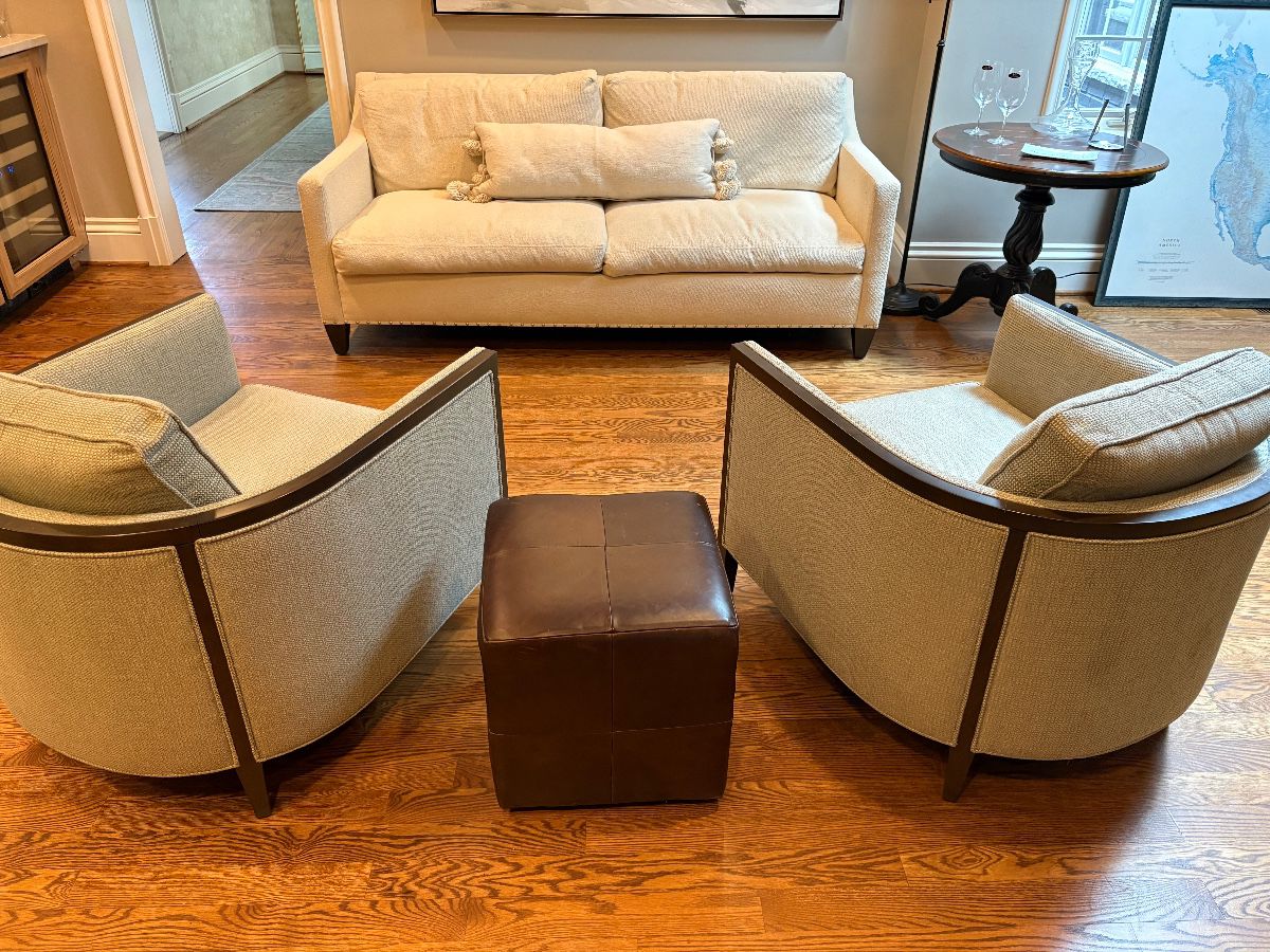 Ethan Allen 2-cushion couch and upholstered club chairs (2) with wood detail and leather "cube" ottoman - all excellent condition