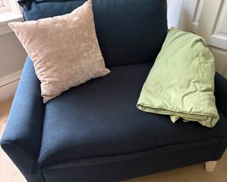 West Elm chair and 1/2 with velvet pillow and down duvet blanket