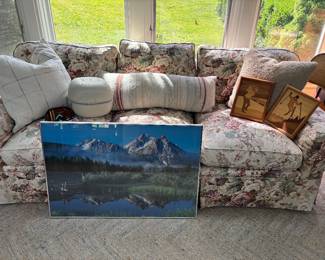 3-cushion cotton covered sofa, wood inlay pictures, ski helmet, and pillows