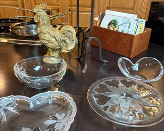 glassware - serving dishes, resin rooster and tall metal pillar candle holders