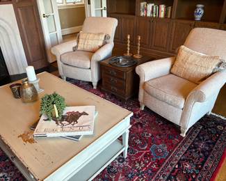 Matching set of ivory herringbone armchairs (2), 3-drawer side table, and 9 x 11.5 wool area rug, and distressed wood cocktail table