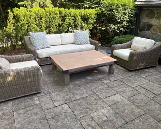 Restoration Hardware Provence Patio Collection:  sofa with single cushion couch, 2 armchairs and cocktail table - also available patio umbrella with stand - covers for patio furniture also available 