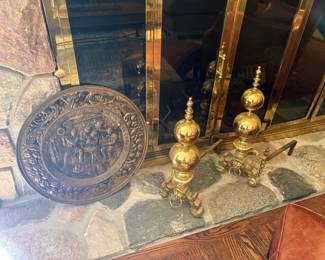 Brass Andirons - very heavy, brass vintage plate