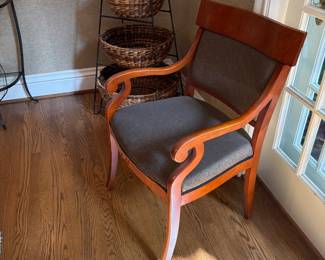  curved wood armchair with burled wood - 2 available, 3-tier woven baskets with stand