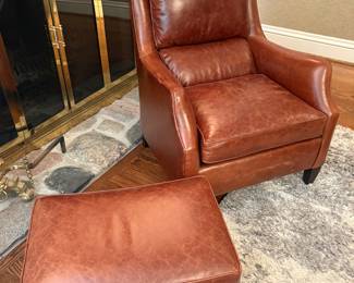 "Whiskey" colored leather chairs (2 available) with one ottoman - by Arhaus