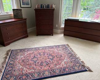4-drawer dresser, 5-drawer chest of drawers, long 3-drawer dresser, and wool area rug