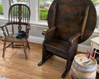 Wood Windsor chair and Pub Table that converts to a chair, wine barrel