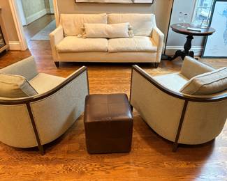 Ethan Allen 2-cushion couch and upholstered club chairs (2) with wood detail and leather "cube" ottoman - all excellent condition