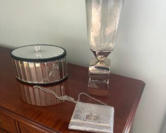 Nickle finished vase, vanity box, and evening bag