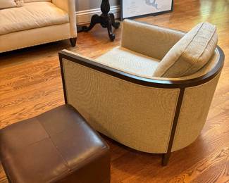 Antother view of the club chair and the detail on the back of the chair (2 available) and leather square side table or ottoman