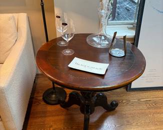 Wood pedestal side table, shown with Wine decanter, glasses, and black floor lamp