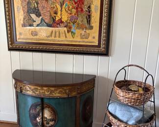 "Gift of Many Coins" - by Roy Fairchild - mixed media with appraisal, hand-painted demilune cabinet, and storage tiered basket 