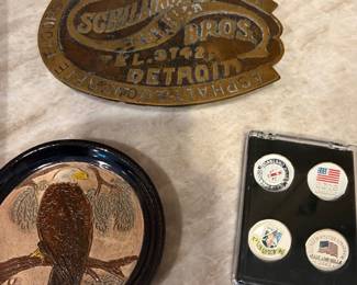 Detroit concrete stamp, commemorative golf ball markers and ceramic plate