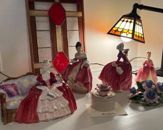 Royal Doulton figurines - English ladies ; Stained Glass Panels