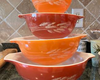 Vintage Pyrex mixing bowls - Autumn Harvest - wheat sheaf design on orange milk glass