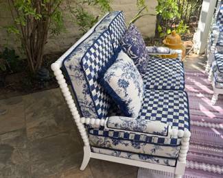 Mackenzie Childs settee, chair & ottoman