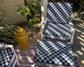 Mackenzie Childs settee, chair & ottoman